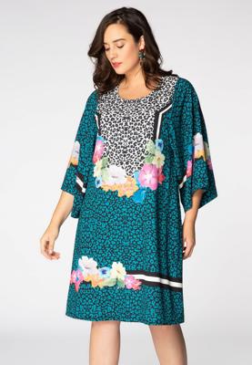 Yoek Jurk met wijde mouwen LEO FLOWER | Blauw | Maat 50/52