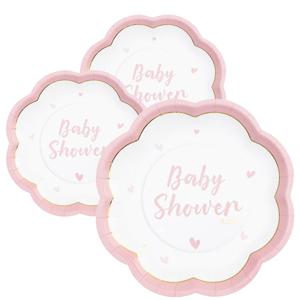 Feest/babyshower bordjes - geboorte - 24x - roze - bloem vorm - papier/karton - 20 cm