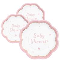 Feest/babyshower bordjes - geboorte - 24x - roze - bloem vorm - papier/karton - 20 cm - thumbnail