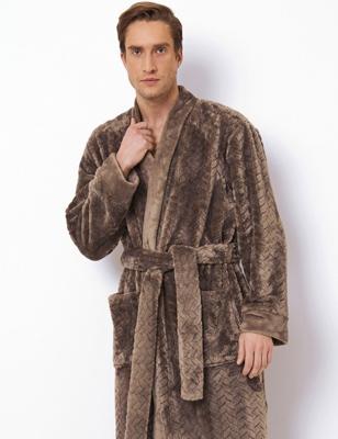 Extra lange heren kimono van fleece - reliëf patroon - taupe -m