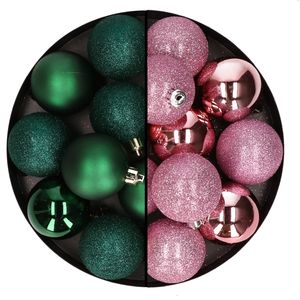 24x stuks kunststof kerstballen mix van donkergroen en roze 6 cm