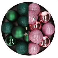 24x stuks kunststof kerstballen mix van donkergroen en roze 6 cm - thumbnail