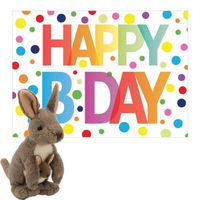 Pluche dieren knuffel kangoeroe 20 cm met Happy Birthday wenskaart - Knuffeldier - thumbnail