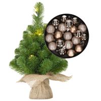 Mini kunst kerstboom - H45 cm - met verlichting en kerstballen - champagne - kunstboom - thumbnail