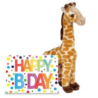 Verjaardag cadeau giraffe 23 cm met XL Happy Birthday wenskaart - thumbnail