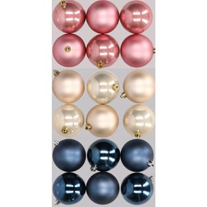 18x stuks kunststof kerstballen mix van donkerblauw, champagne en oudroze 8 cm