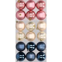 18x stuks kunststof kerstballen mix van donkerblauw, champagne en oudroze 8 cm