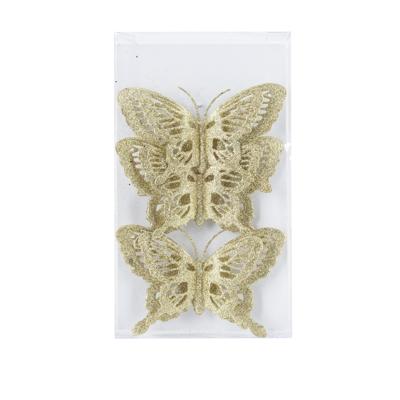 Kerstboomversiering Vlinder - 3x stuks - 14 cm - goud glitter - op clip