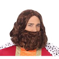 Verkleedpruik voor heren met baard - bruin - half lang haar - Carnaval - Krijger/ridder/koning