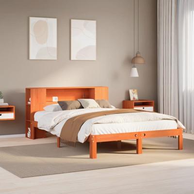 Bed met boekenkast zonder matras grenenhout wasbruin 135x190 cm