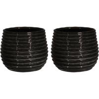 Bloempot/plantenpot Rise - 2x - ribbel - zwart - voor kamerplant - D14 x H10 cm