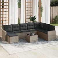 9-delige Loungeset met kussens poly rattan grijs