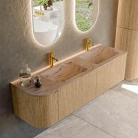 Badmeubel Mondiaz Kurve-Dlux | 155 cm | Meubelkleur Oak | Wastafelkleur Arena | Solid surface | Dubbel / Rechts spoelbak | 2 kraangaten