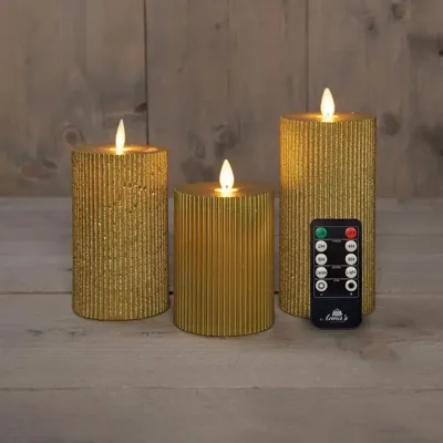 Anna&apos;s Collection LED kaars flame effect ribbel set 7.5 cm goud 3 stuks