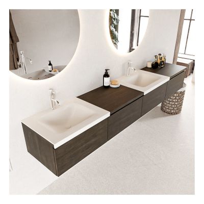 Mondiaz Bukla 240cm badmeubel met module 60 rechts dark brown 4 lades met wastafel dubbel 2 kraangaten kleur talc