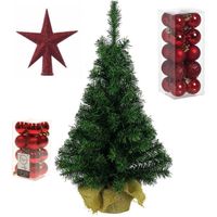 Volle kunst kerstboom 75 cm in jute zak inclusief rode versiering 37-delig - Kunstkerstboom - thumbnail
