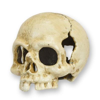 A CAST IRON SKULL TEA LIGHT HOLDER, OLD WHITE