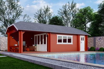 Interflex W Blokhut 440x440 cm met overkapping 300 cm 50 mm vuren gecoat- Wolfskap- Hout- Interflex