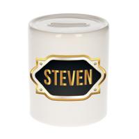 Spaarpot met voornaam Steven - wit - goud/zwart embleem - 8 x 9 cm - keramiek - afsluitdop