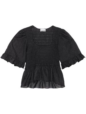 GANNI blouse froncée Crinkled Georgette Smock à col v - Noir