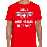 Steun onze mensen in de zorg zilveren schild t-shirt rood voor