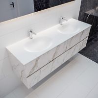 Mondiaz Vica Moon badmeubel wit carrara mat 150 cm 4 lades solid surface dubbele spoelbak 2 kraangaten Mondiaz Vica Moon badmeubel wit carrara mat 150 cm 4 lades solid surface dubbele spoelbak 2 kraangaten