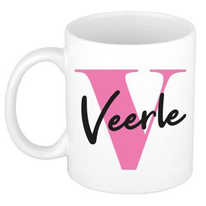 Naam mok Veerle - roze - wit - keramiek - 300 ml - verjaardag/cadeau beker