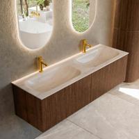Badmeubel Mondiaz Kurve-Dlux | 150 cm | Meubelkleur Walnut | Wastafelkleur Meli | Solid surface | Wasbak beide zijden spoelbak | 2 kraangaten