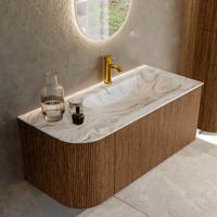 Mondiaz KURVE-DLUX 105 cm Onderkast Greeploos 1 Lade Met Deuren Walnut, Wastafel Solid Surface Rechts Glace 1 Kraangat Zonder Spiegel (KRVBGS105L1L1D1KR-Wal/Gla)
