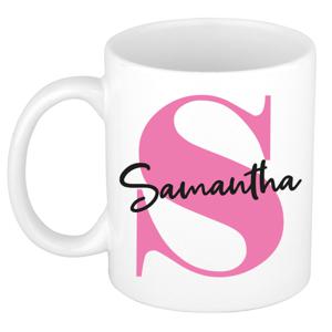 Naam mok Samantha - roze - wit - keramiek - 300 ml - verjaardag/cadeau beker