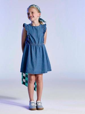 Denim meisjesjurk met ruches stone