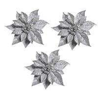 3x Kerstversieringen kerststerren bloemen zilver op clip - Kersthangers