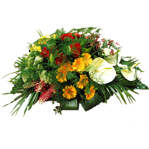 Rouwarrangement rood wit geel