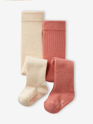 Set met 2 paar maillots in geribd tricot voor babymeisje ecru