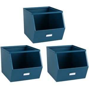 Stapelbare opbergmand Open Metal Box - 3x - L23 x B32 x H21 cm - metaal - donkerblauw