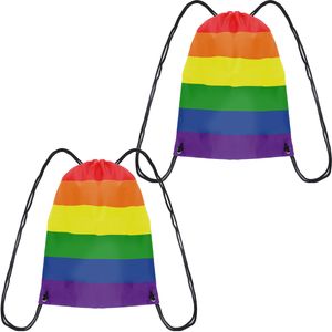 2x Gymtasje/rugtas rijgkoord regenboog/rainbow/pride vlag voor volwassenen en kids