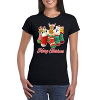 Foute Kerst t-shirt kerstsokken merry christmas zwart voor dames - thumbnail