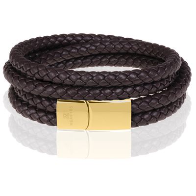Memphis dubbele wrap armband Leer Bruin Goud-22cm