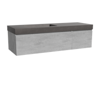 Storke Edge zwevend badmeubel 150 x 52 cm beton donkergrijs met Scuro High asymmetrisch linkse wastafel in kwarts mat zwart