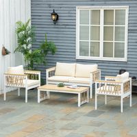 Outsunny 4-delige tuinmeubelset, bank, twee fauteuils, bijzettafel, incl. zitkussens, wit, natuurlijk hout