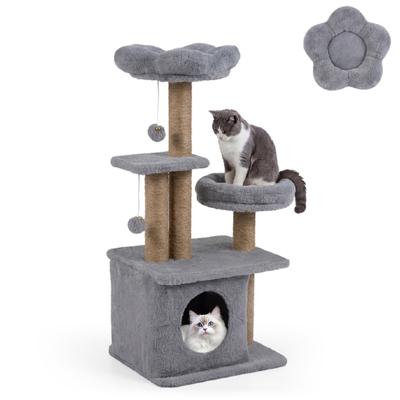 Kattenklimrek van 96 cm Hoog Voorzien van een Bloemvormig Platform met Zachte Bekleding een Kattenmand en een Kattenbed-Lichtgrijs
