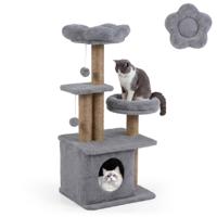 Kattenklimrek van 96 cm Hoog Voorzien van een Bloemvormig Platform met Zachte Bekleding een Kattenmand en een Kattenbed-Lichtgrijs