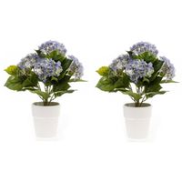 2x Blauwe kunstplant Hortensia plant in pot - Kunstplanten