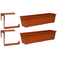 Set van 4 kunststof plantenbakken terracotta rechthoekig 60 cm met 8 verstelbare railing beugels