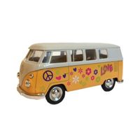 Gele 1962 hippiebus met print speelgoedauto 15 cm