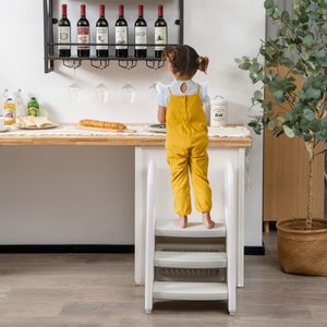 3-Traps Opstapkruk voor Kinderen In Hoogte Verstelbaar met Afneembare Bovenste Trede en Antislip Voetkussen Kinderkruk (Grijs)
