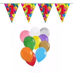 Verjaardag 1 jaar feest thema set 50x ballonnen en 2x leeftijd print vlaggenlijnen