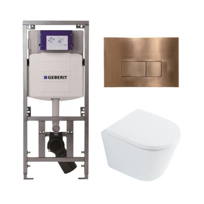 QeramiQ Dely Toiletset - 36.3x51.7cm - diepspoel - rimless - Geberit UP320 inbouwreservoir - met Burda frame - softclose toilet zitting 35 mm - koperen bedieningsplaat - rechthoekige knoppen - wit glans SW1026255 / SW1159505/0701131/SW706197