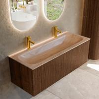 Badmeubel Mondiaz Kurve-Dlux | 120 cm | Meubelkleur Walnut | Wastafelkleur Saba | Solid surface | Wasbak midden spoelbak | 2 kraangaten