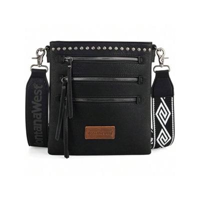 Bon&Bon West Cow Print Crossbody Bag with Guitar Strap - Multi Pocket Black